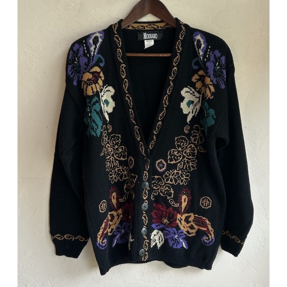 Vintage 80s 90s Dark Floral Cardigan Sweater S Grandma Retro Cottagecore Button